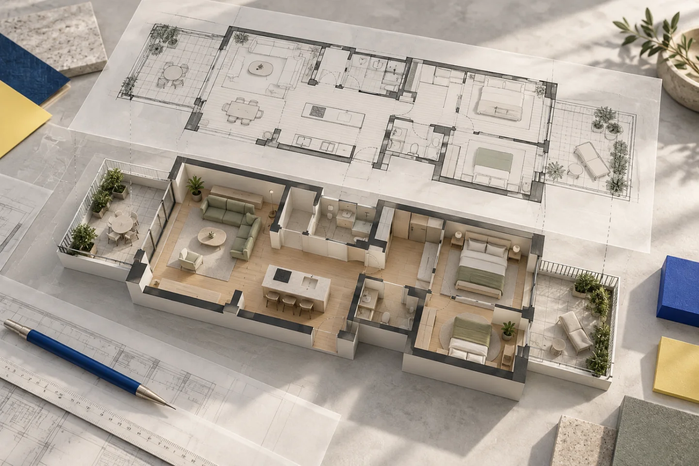 Conceptual sharp drafting sheet floating above an apartment cutaway with terraces